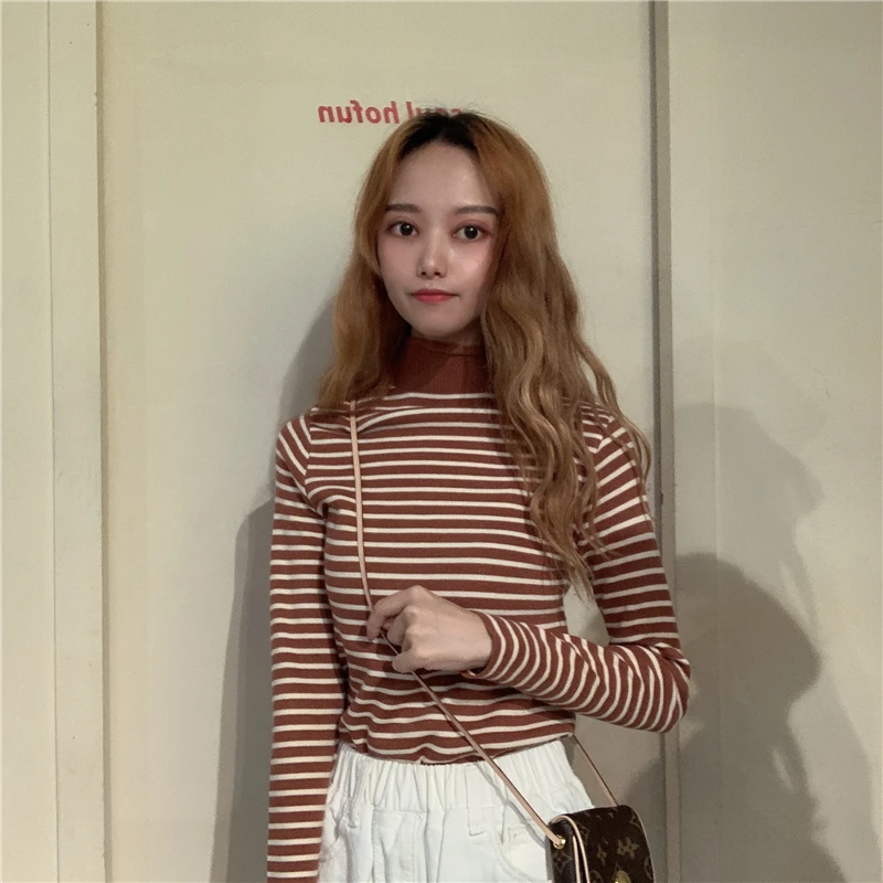 6 цветов осень 2019 корейский стиль водолазка тонкие футболки с длинными рукавами