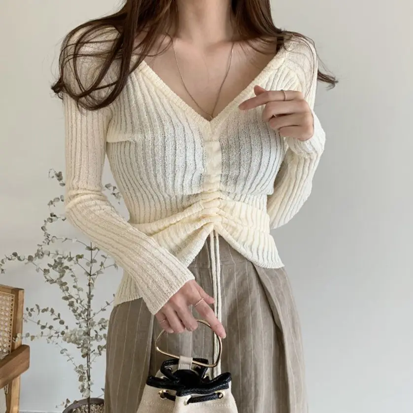 

2021 V-Neck Drawstring Pullovers Sweaters High Waist Unicolor All Match Slim Warm Casual Outwear Autumn Women Tops