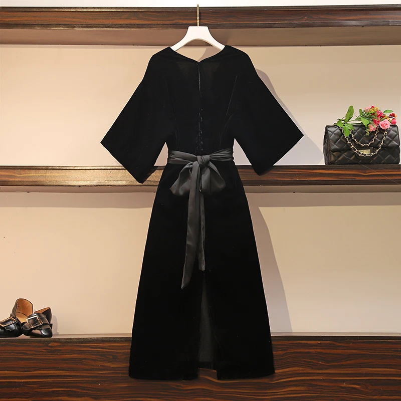 plus size 5XL black elegant office ladies velvet dress sexy deep v neck bandage high waist korean evening party | Женская одежда
