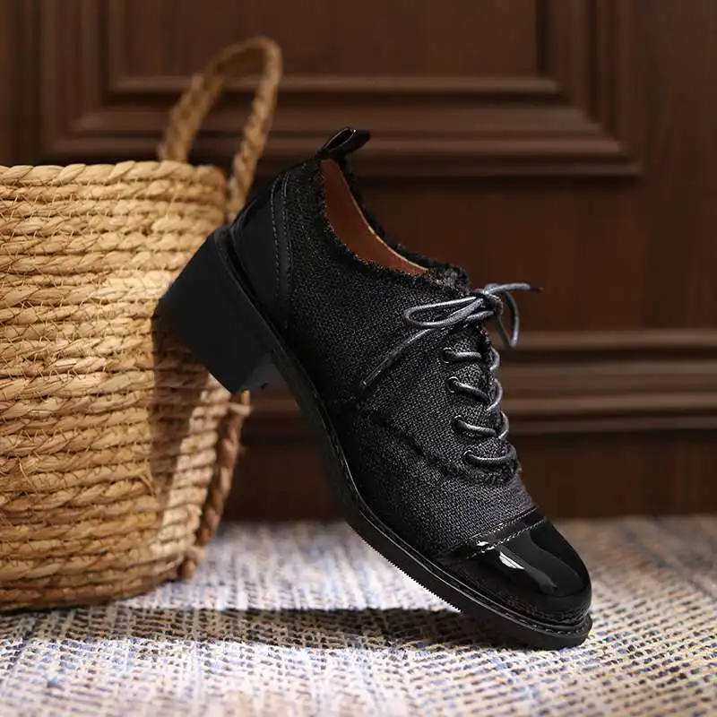 

Krazing pot 2021 new arrival recommend patchwork round toe med heel cross-tied Korean street young lady casual women pumps L06