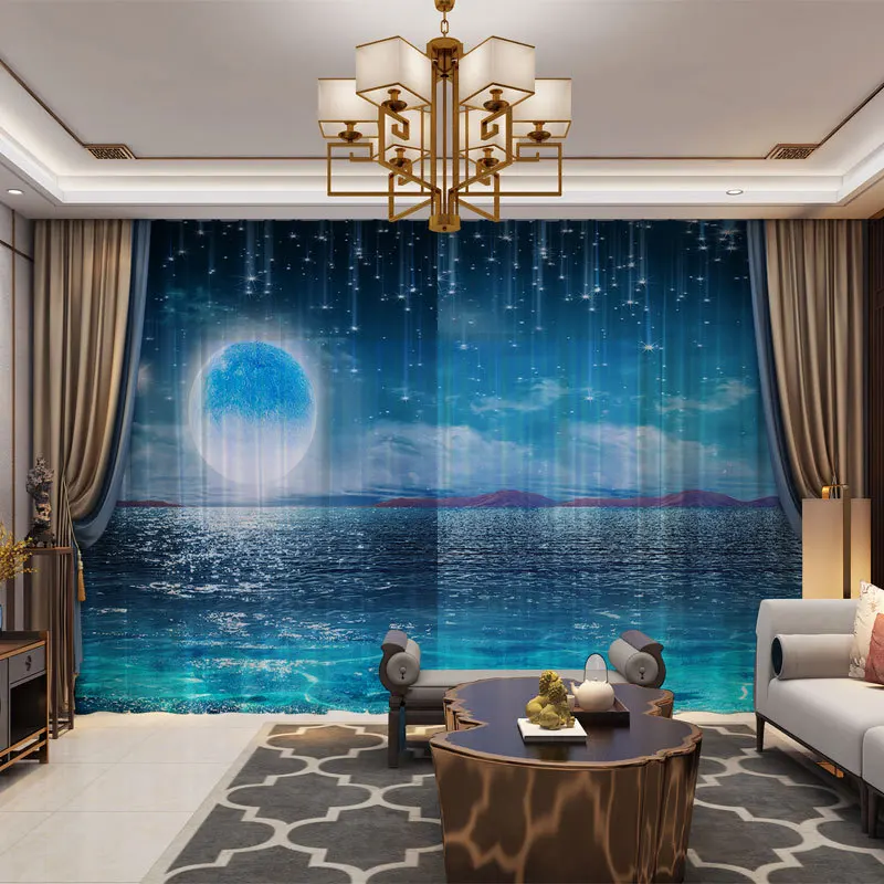 Cortinas con foto 3D de Luna, mar, aves marinas, Panel de cortina de tul transparente para decoración del hogar, sala de estar, dormitorio Vintage