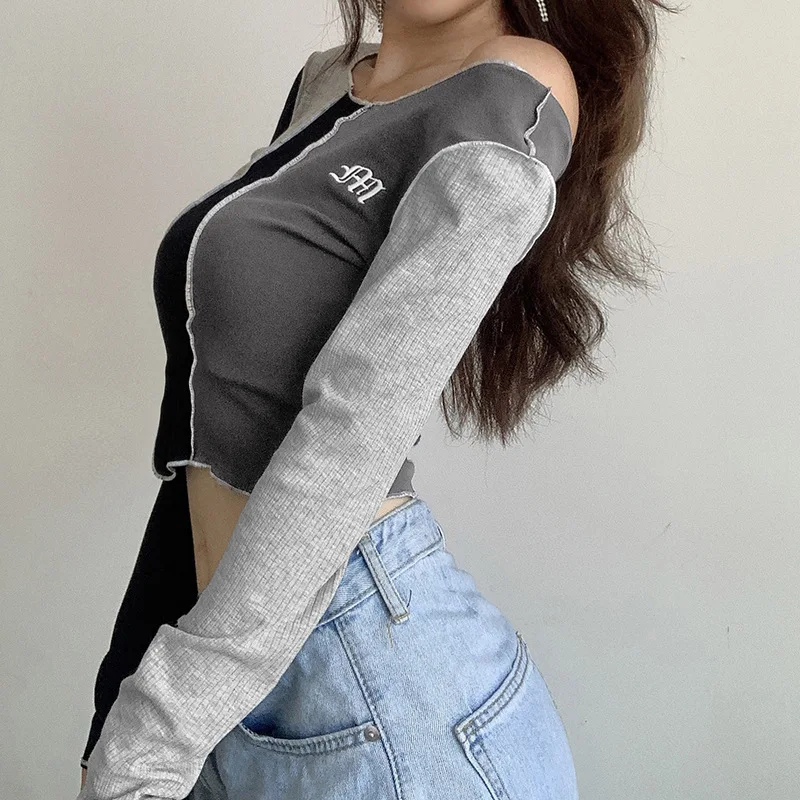 

European and American In Autumn 2020 New Women's Fashion Personality Letter Embroidery Color Matching Wave Short Navel T-shirt