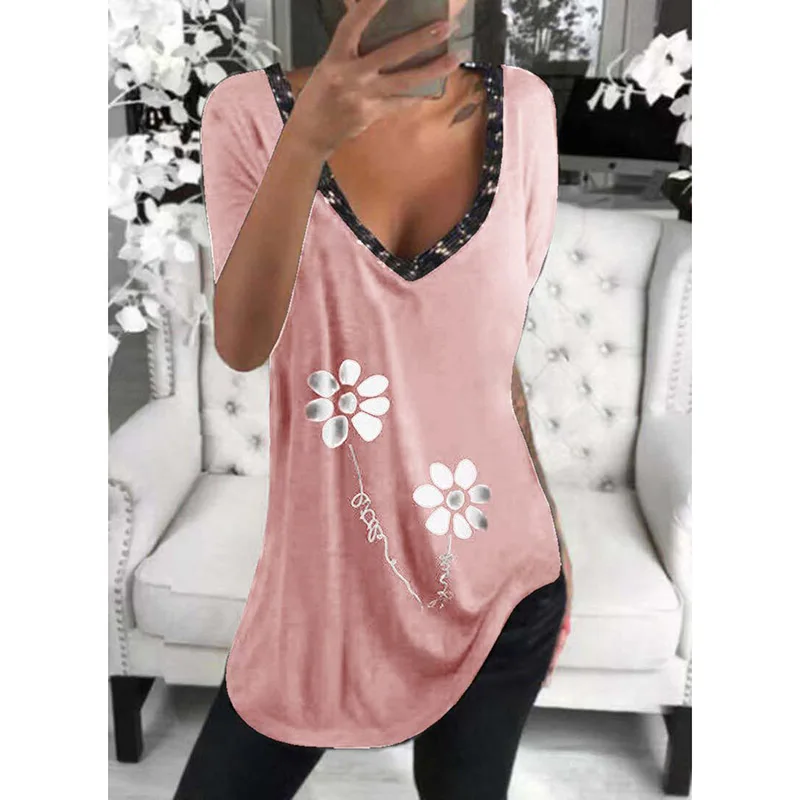 

Womens Clothing 2021 Summer New Floral Printing Sequined T-Shirt V-Neck Short Sleeve Top Tee Clothes Casual Tunic Pullover Shirt