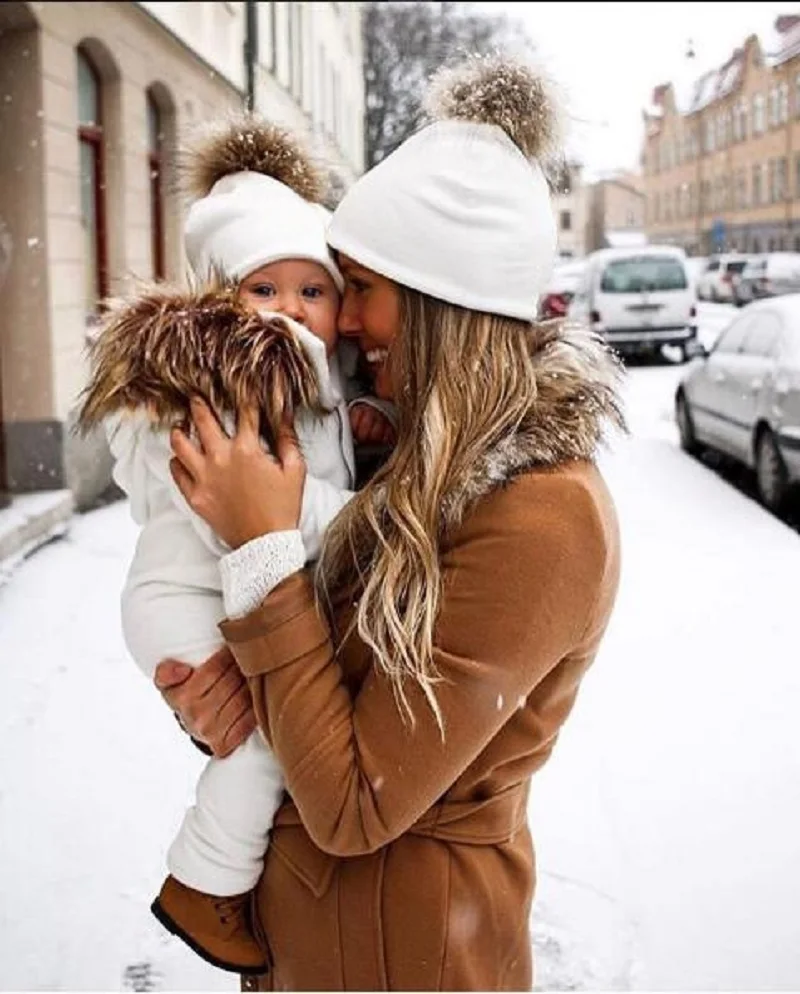 

CANZE New Double-layer Cotton Parent-child Hat Fox Fur Ball Mom Kid Pullover Hat
