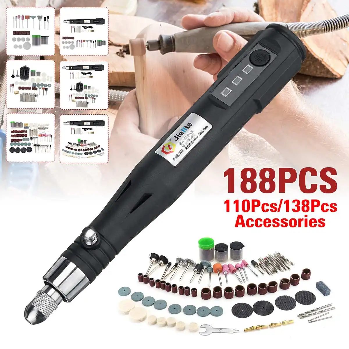 

110/138/188 PCS 3 Speed Adjustable Mini Cordless Electric Grinder Drill USB Power Tools Engraving Carving Pen Polishing Machine