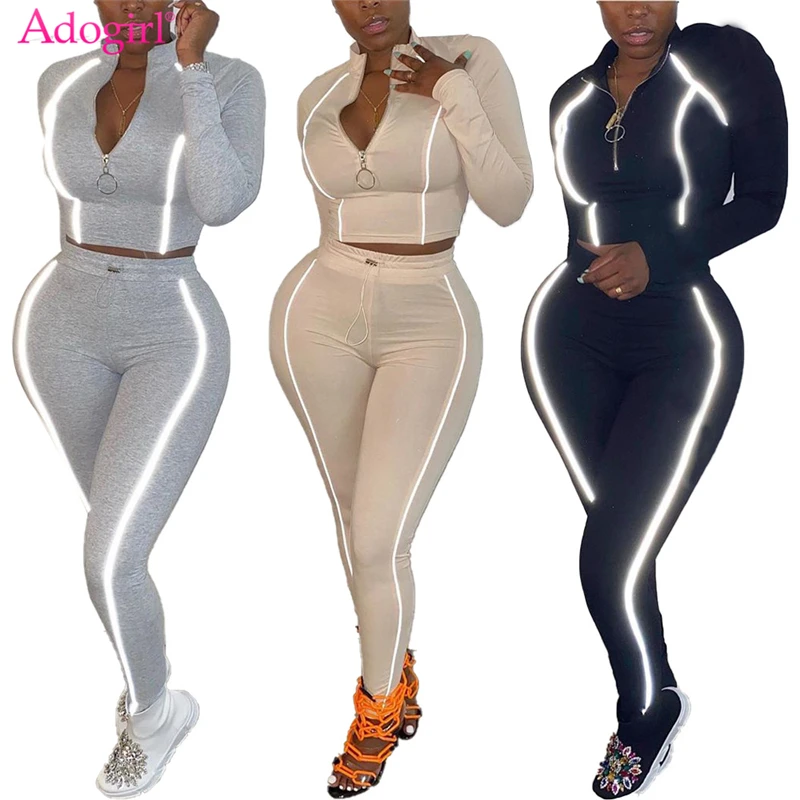 Adogirl Reflective Trim Patchwork 2 Piece Set Tracksuit for Women Zipper Long Sleeve Pullover Top Leggings Pants Jogging Suits |