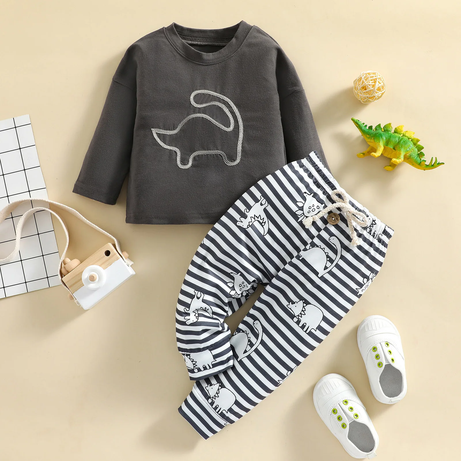 

2Pcs Baby's Sets Cartoon Printed Long Sleeve Pullover Striped Pants Toddler Boys Spring Autumn Casual Clothing 6 Months-3 Years