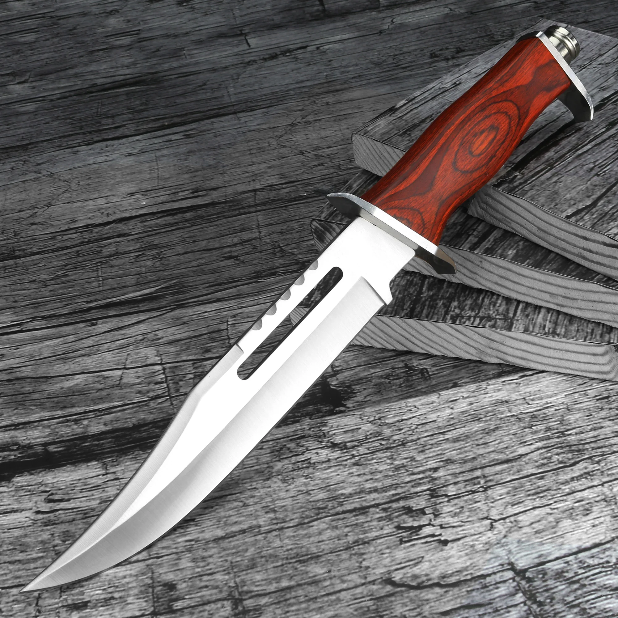 Охотничий нож с фиксированным клинком, боевые походные ножи для выживания, с деревянной ручкой, прямой, из коллекции с кожаным футляром