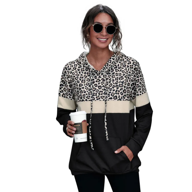 

Leopard Printed Hoodies Women Autumn Spring Fashion Sportswear Long Sleeve Packets Patchwork Casual Loose Pullovers Sweatshirt