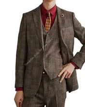 3 pçs jaqueta calças colete tweed marrom xadrez entalhado lapela blazer calças de casamento dos homens ternos formal magro ajuste festa wear (3)