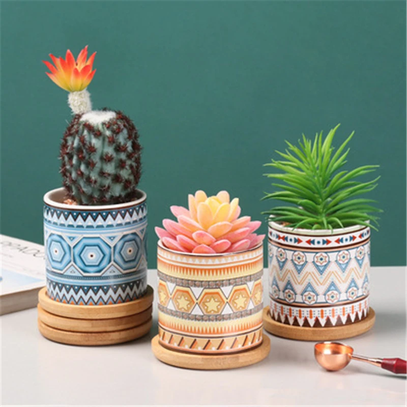

Wholesale Bohemian Simulated Succulent Ceramic Flowerpot With Wooden Tray Fashion Ethnic Style Potted Plant Home Garden Decor