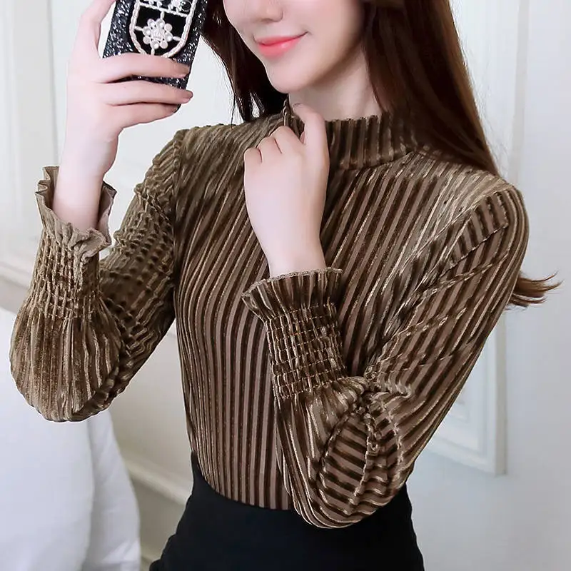 Блузка женская с длинным рукавом бархатный однотонный топ высоким воротником и