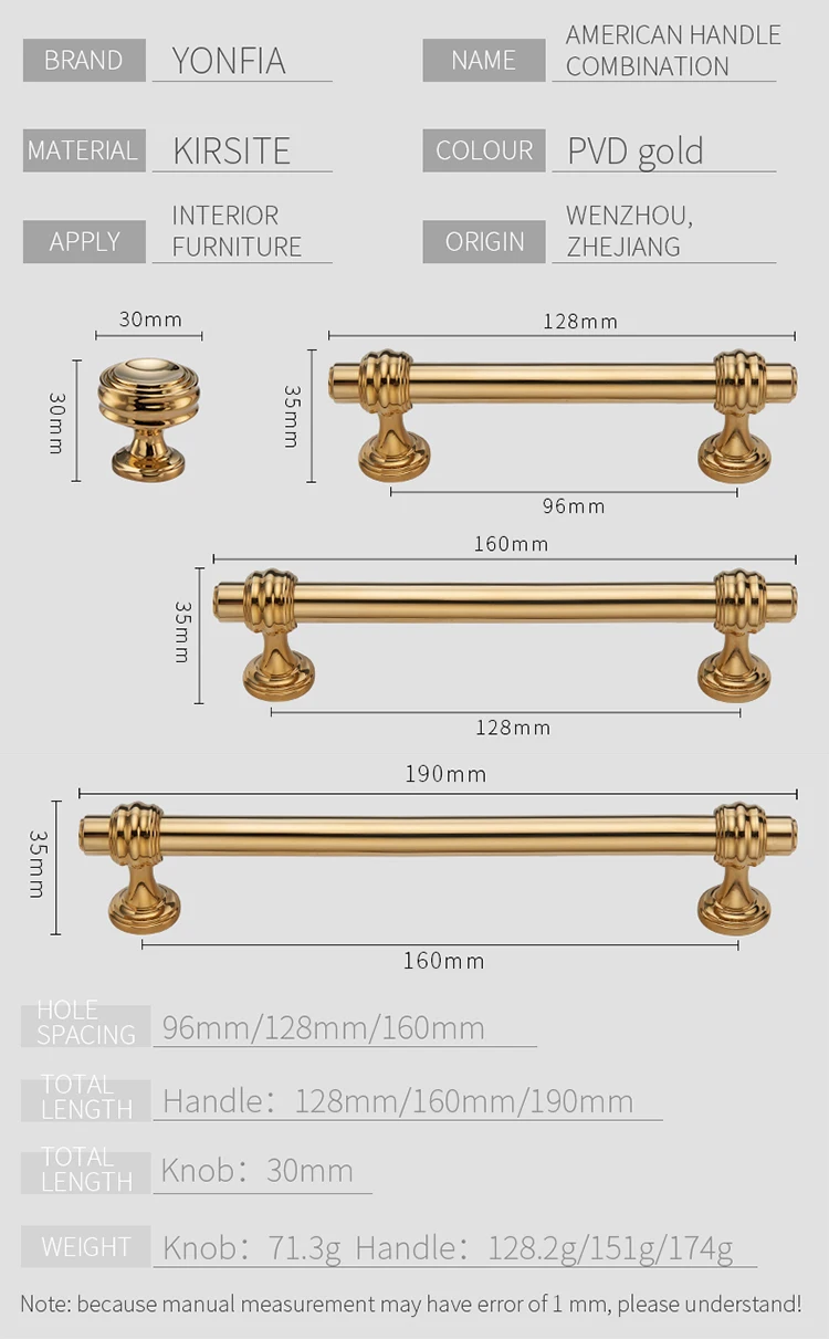 YONFIA 3644 New Luxury Modern PVD Gold Dresser Kitchen Cabinet Handles Knob Pull Cupboard Wardrobe Furniture Handle for Cabinet