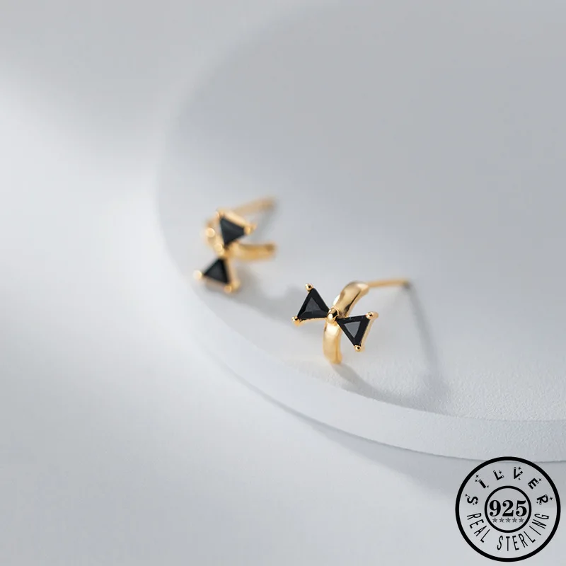 

925 Sterling Silver Black Cubic Zirconia Bowknot Shape Ear Studs Earrings Rose Gold Color Plated Small Earings Jewelry for Women