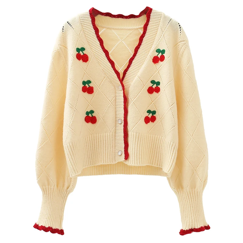 

Sweet Style Embroidery Knitted Women Sweater and Cardigan 2020 Winter New V-neck Lantern Sleeved High Waist Female Outwear Coats