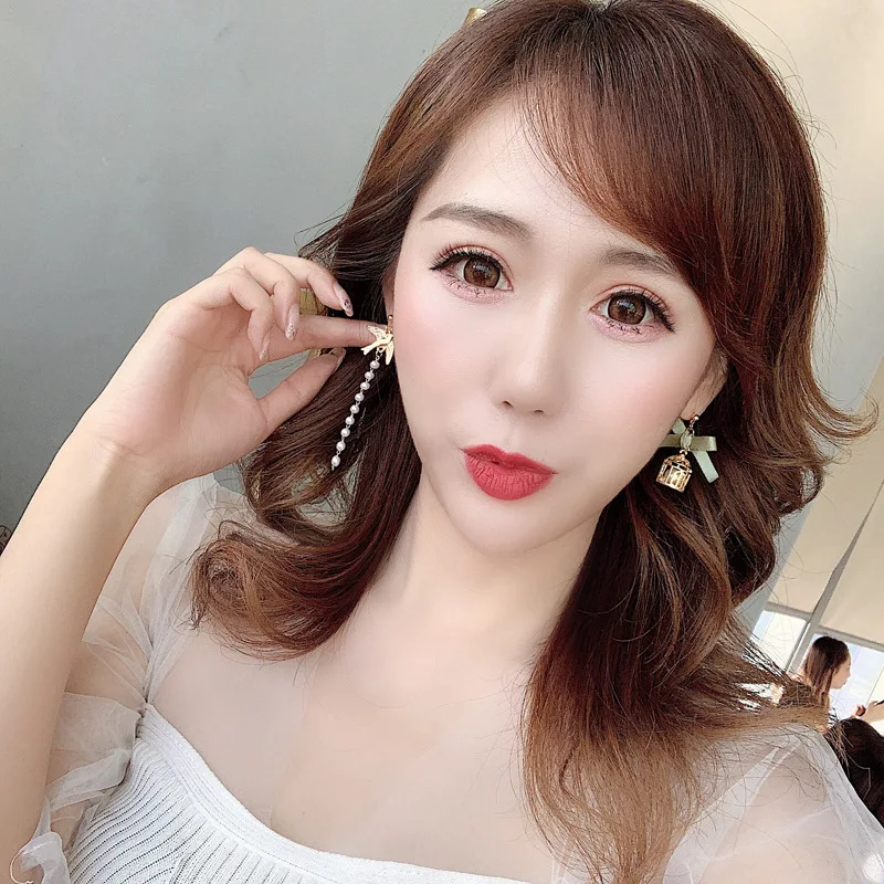 

Женские асимметричные серьги-клипсы, длинные висячие серьги в Корейском стиле с жемчужинами и птицами, Ювелирное Украшение для женщин