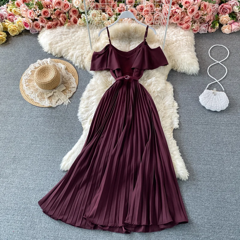 

Summer Lotus Leaf Off-shoulder Sling Pleated Vestidos Women's Elegant Temperament Waist Slimming Midi Dress GK660