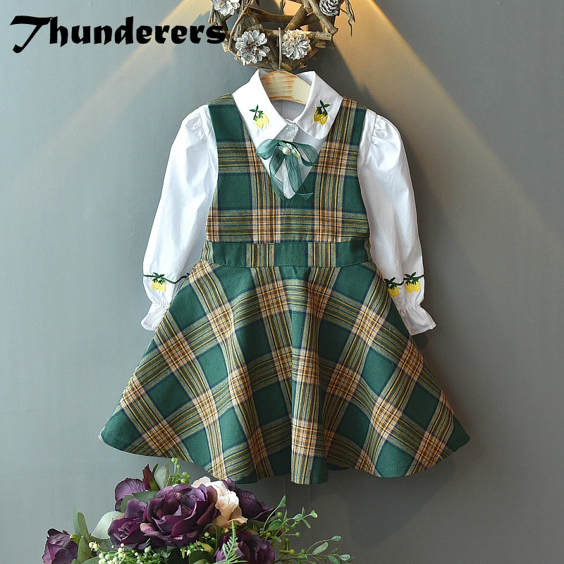

Thunderers Children Spring Autumn Clothing Set Embroidery Shirt With Printed Plaid Dress Children 2pcs Outfits Toddler Clothes