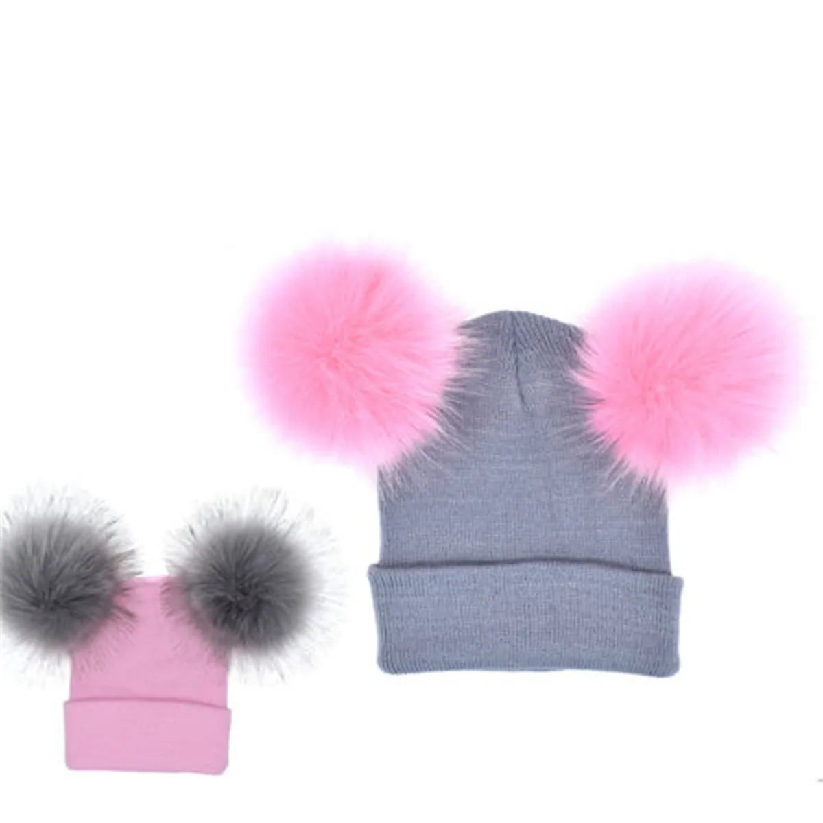 2Pcs Baby Mammy Милая детская зимняя шапка, вязаные теплые шапки с двойным мехом, шапки с помпонами, шапки с помпоном для мальчиков и девочек, детская прочная чашка Bonnet Gorro - Цвет: 2Pcs Baby Mammy