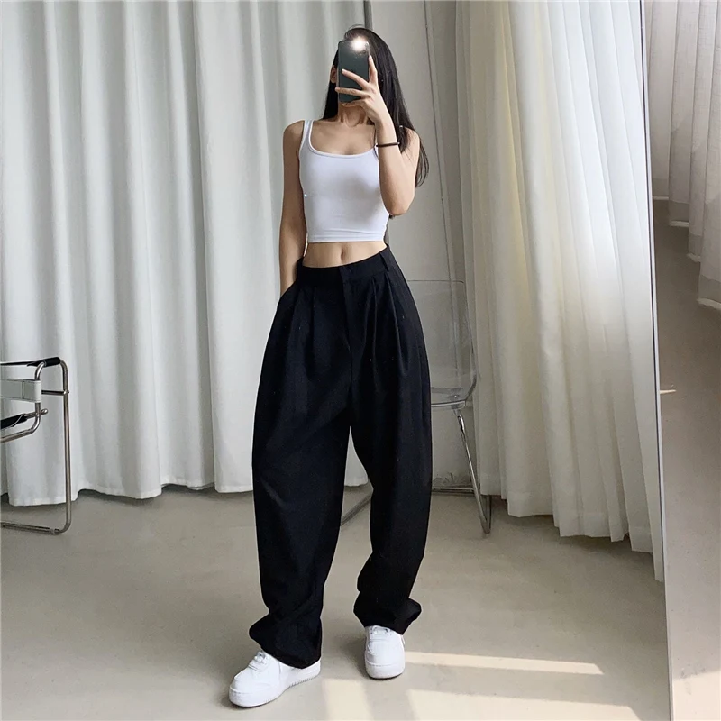 Женские повседневные однотонные широкие брюки летние свободные полной длины с