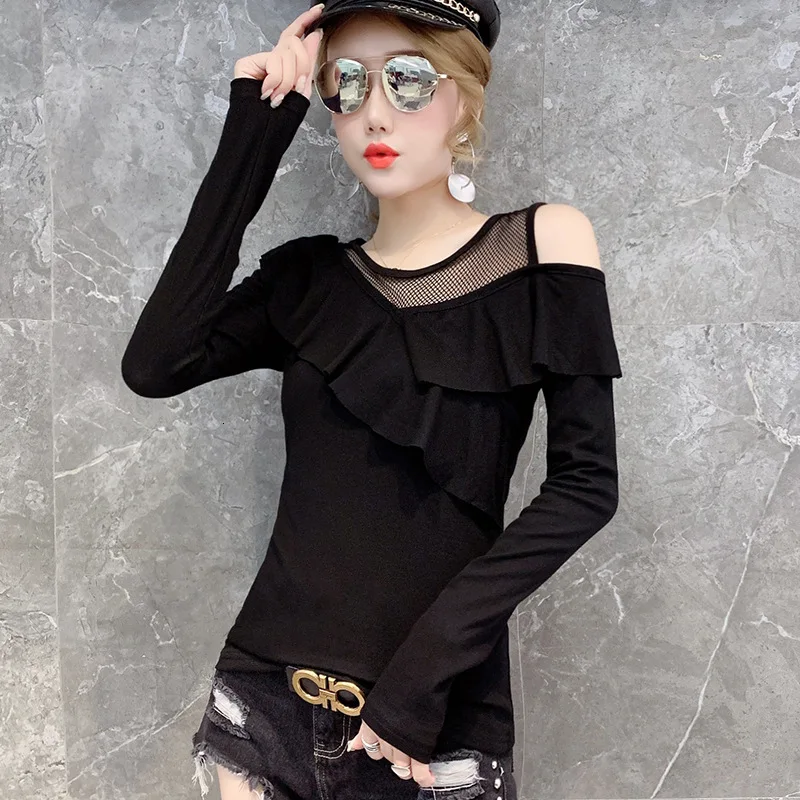 3726 Black Long Sleeve T Shirt Women One Shoulder Tops Spliced Ruffles Slim Stretch Sexy Nightclub Top Female Mesh Round Neck