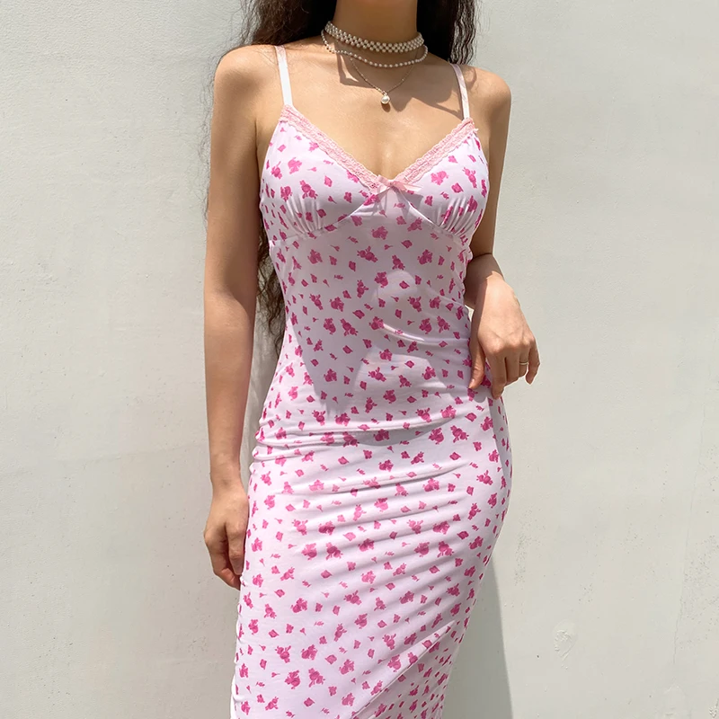 

Slip Dress for Women 2021, Floral Print V-Neck Sleeveless Siamese Low-Cut Sundress for Summer, Pink, S/M/L