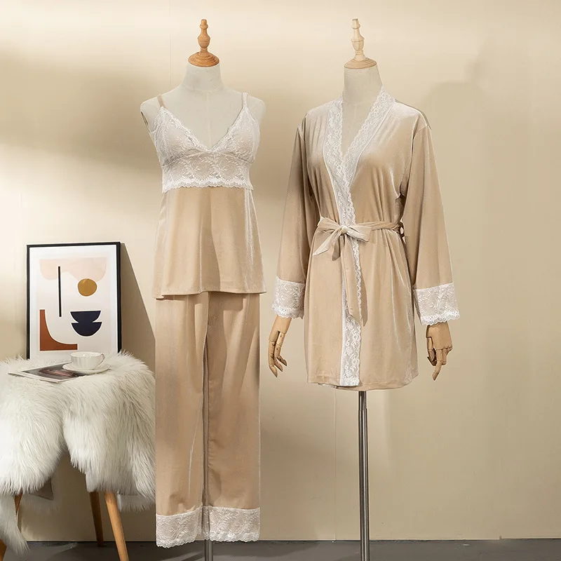 

Velvet Bride Bridesmaid Wedding Robe Casual Bathrobe Sexy Lace Sleepwear Velvet 3PCS Pajamas Set Women Nightwear Autumn Homewear