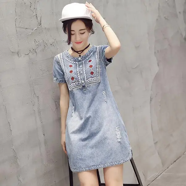 Лето 2019 платье из джинсовой ткани женский сарафан Ретро Винтаж вышивкой