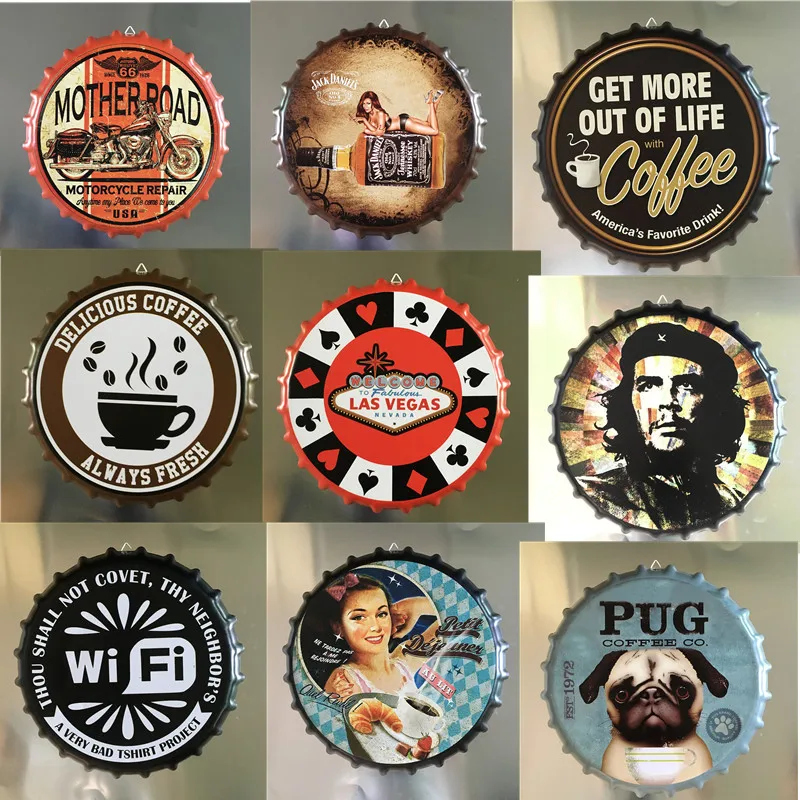 

Beer Bottle Cap Signs Wifi No Smoking Warning Sign Retro Round Plate Plaque Metal Tin Sign Bar Cafe Garage Craft Wall Decoration