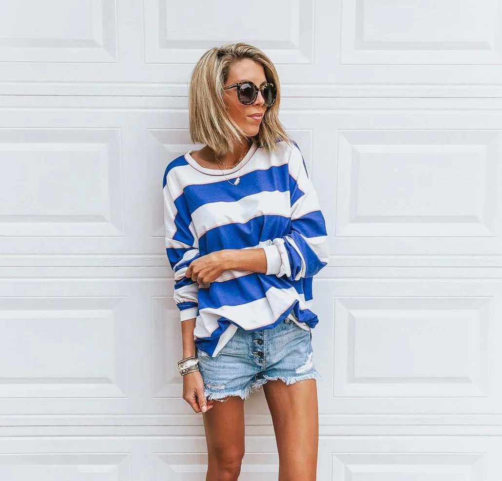 

Autumn Women's Loose Round Neck Long Sleeve Printed Stripe T-Shirt Top Harajuku Pullover Sweatshirt