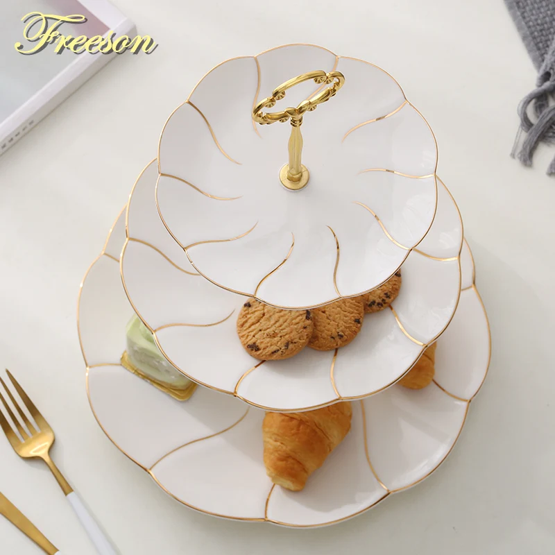 Europe Gold Inlay Bone China Fruit Plates Snack Dishes Cake Plate Candy Dish Porcelain Tray Ceramic Tableware Decoration