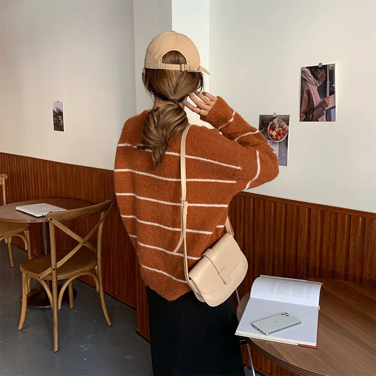 

Autumn/winter Knitted Sweater 2020 Women's Round Neck Stripe Pattern Regular Polyester Material Casual Style All-match Loose