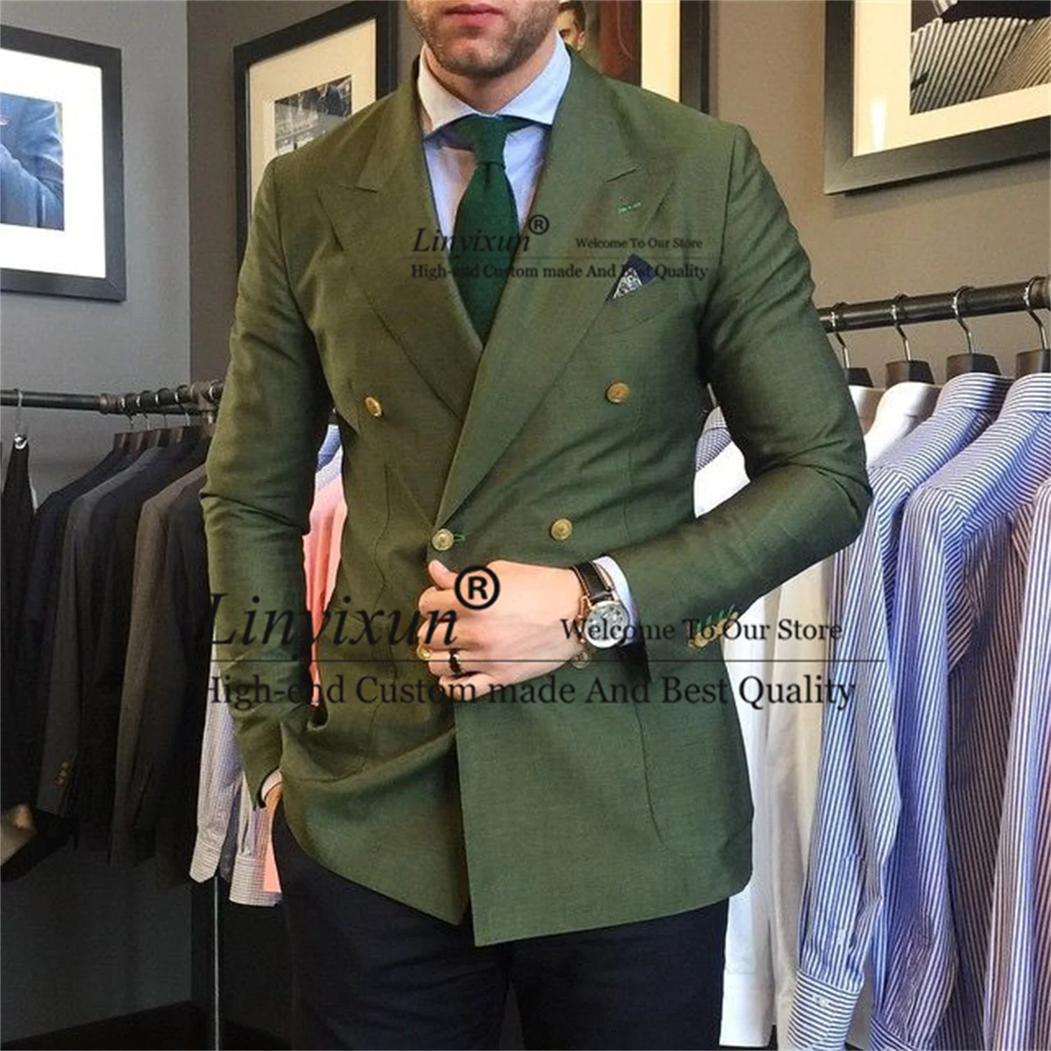 

Green Slim Fit Mens ​Suits Double Breasted Wedding Groom Tuxedos Male Prom Party Blazer 2 Piece Set Costume Homme (Jacket+Pants)