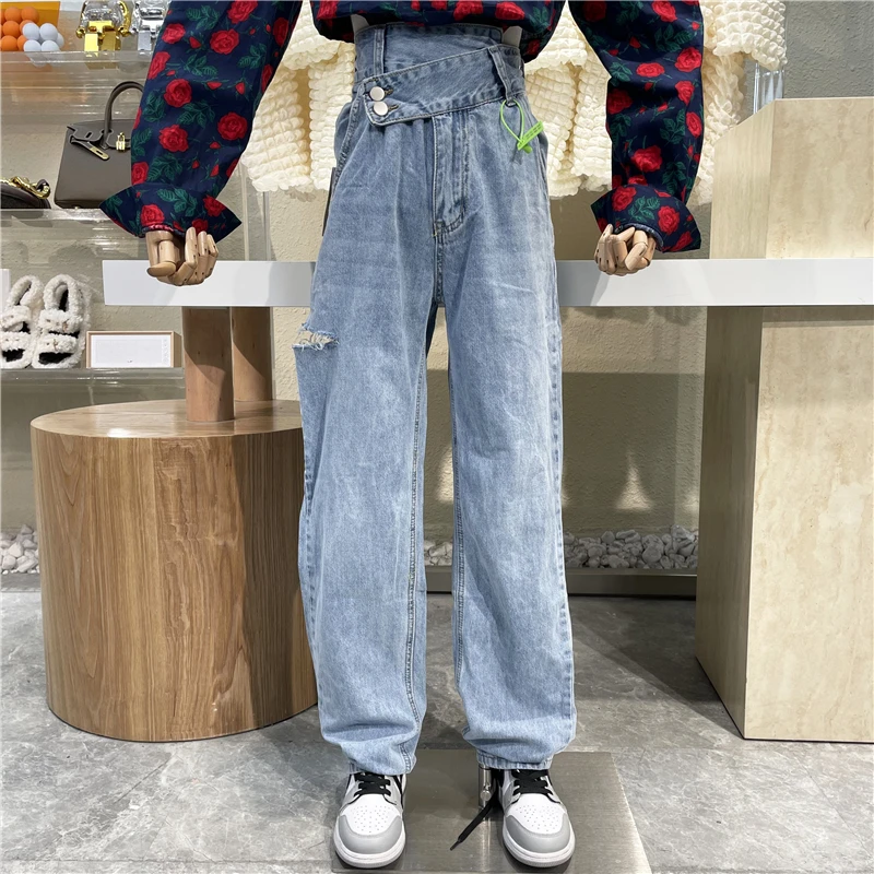 

New 2021 Diagonal Buckle High Waist Personalized Hole Loose Wide Leg Pants Cool Fashion Versatile Washed Light Blue Jeans