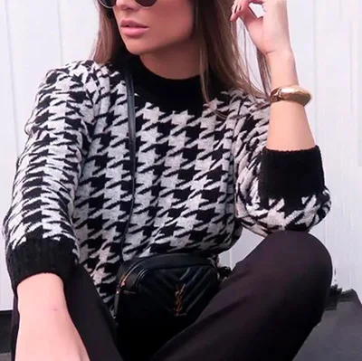 

Warm Knitted Sweater Thick Ladies Retro Enlarged Loose Pullover Long-Sleeved Plaid Geometric Casual Houndstooth Winter New