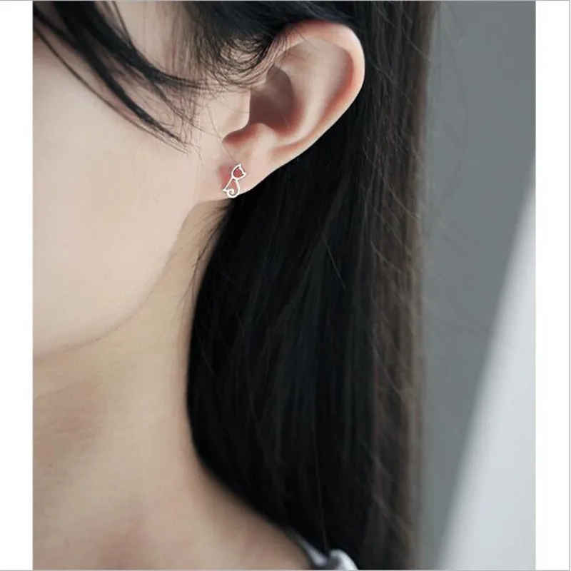 

925 Sterling Silver Hollow Cat Stud Earrings For Women Elegant Wedding Jewelry pendientes mujer moda Brincos