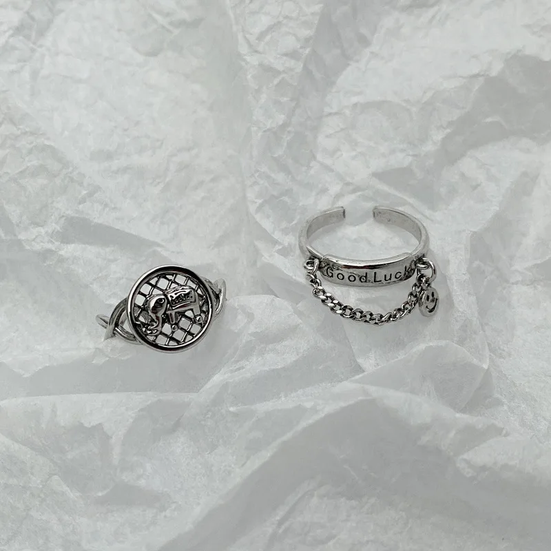 

Unique Design Retro Good Luck Elephant Charm Rings for Women Copper Hollow Fishnet Chain Letter Smile Adjustable Open Ring Gift