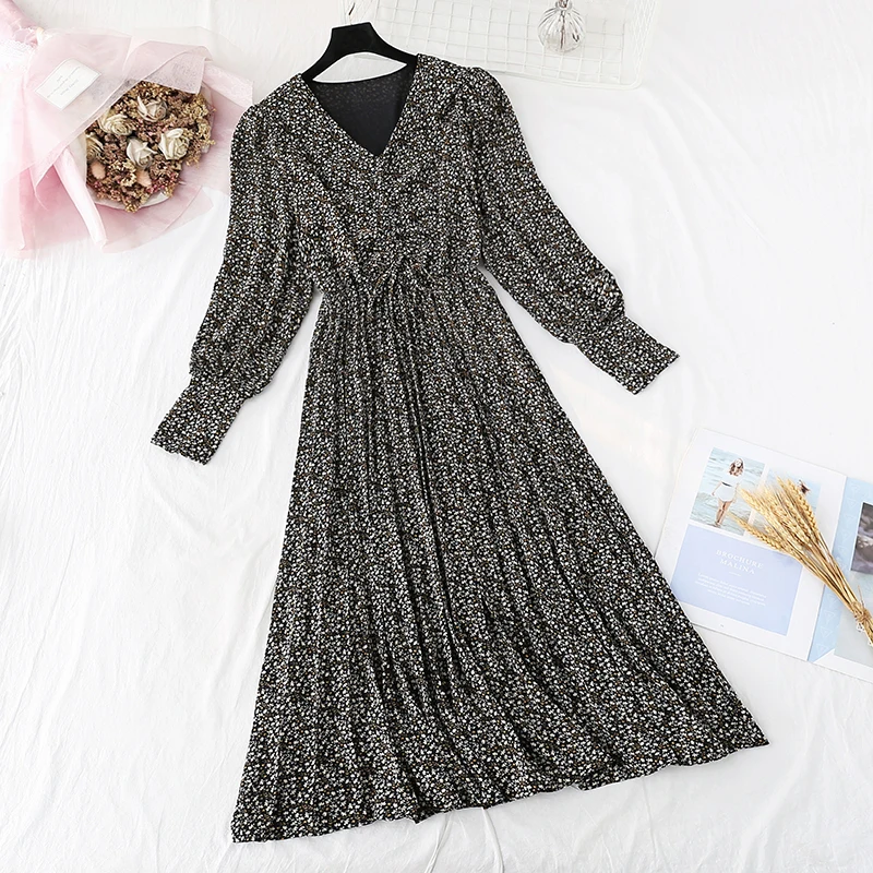 Шикарное женское платье BGTEEVER с цветочным принтом плиссированное V-образным