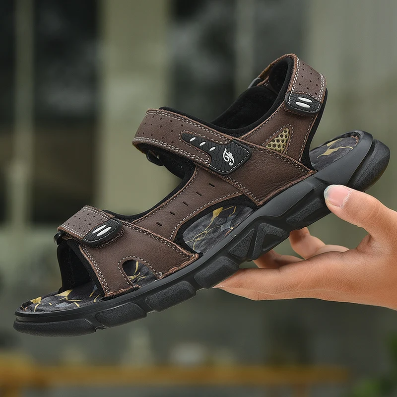 

Мужские сандалии, уличная Летняя обувь из натуральной кожи, мужские модные кроссовки ручной работы, рыболовные мужские сандалии размера пл...