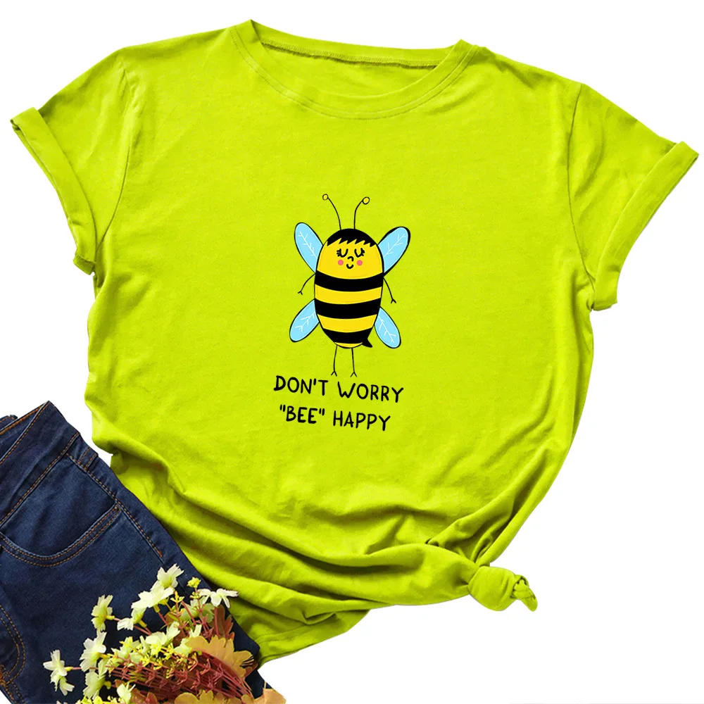

Women Tshirt Graphic Tees Cotton Cute Bee Happy Letter Print T Shirts Tops Streetwear Oversized Clothes Short Sleeve Funny Shirt