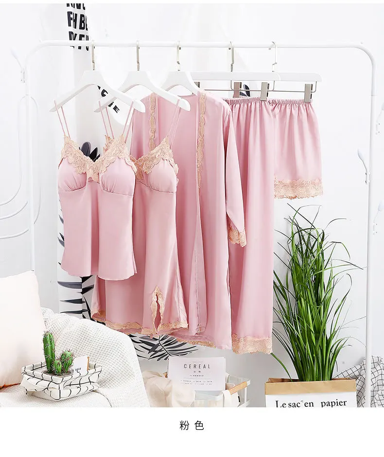 Зимние сексуальные кружевные атласные пижамы из 5 предметов пижамный комплект