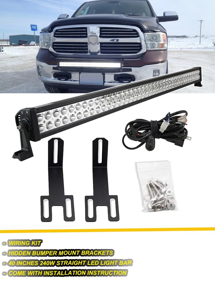For Dodge Ram 2500 3500 2003- 40 inches 240W Straight LED Light Bar with Front Hidden Bumper Mount Bracket and Wiring Kit