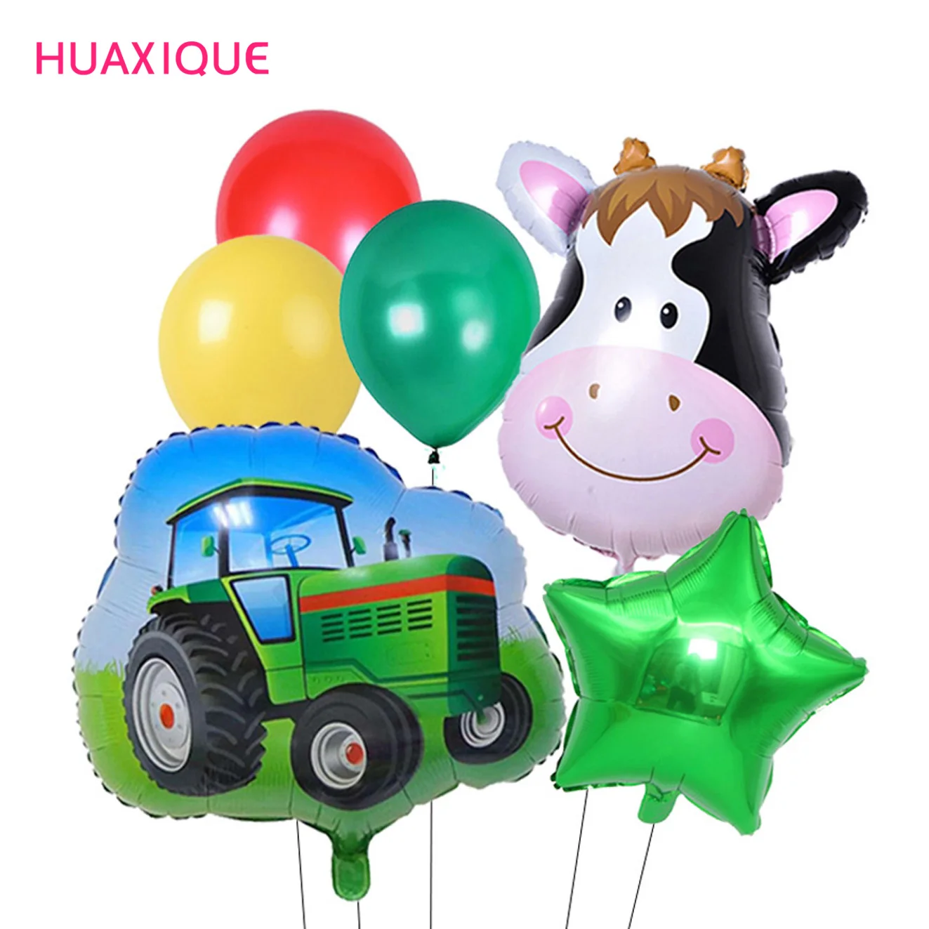 18pcs Farm Theme Green Tractor Inflatable Balloons Happy Birthday Party Decor Cow Balloon Kids Excavator Vehicle Fire Truck Ball