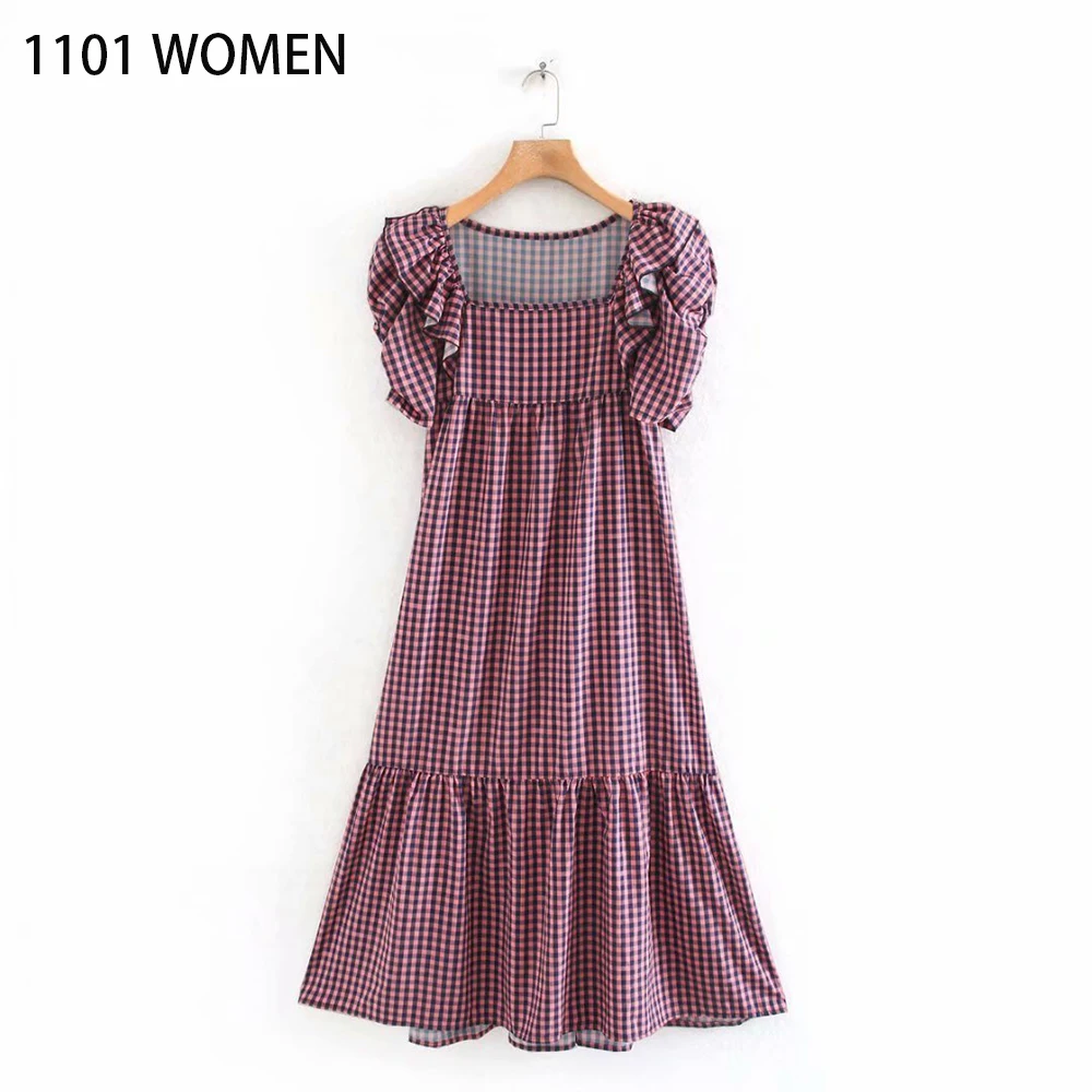 Женское клетчатое платье до колена розовое черное с квадратным воротником и