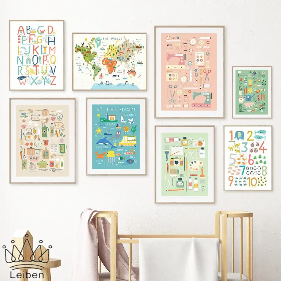 

Number Animal Map Bird Scissors Camera Palette Wall Art Canvas Painting Nordic Posters and Prints Wall Pictures Kids Room Decor