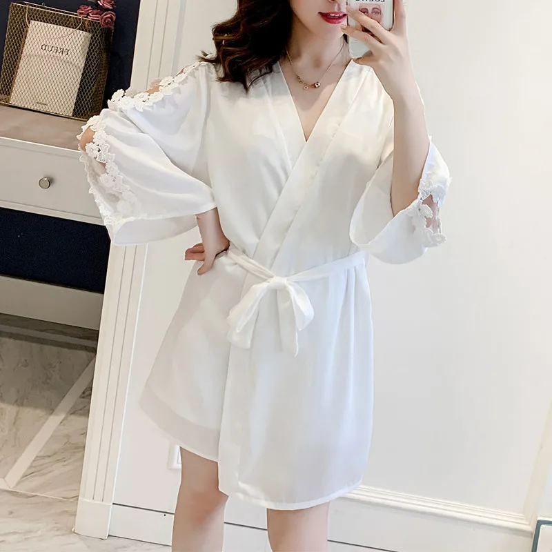 Женский кружевной халат кимоно с цветочным узором и поясом осенняя атласная