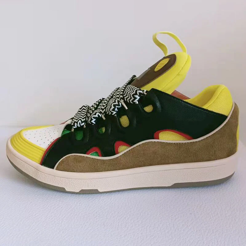 

New Thick Bottom Mixed Color Casual Shoes Flat Leather Suede Patchwork Lace Up Sneakers Spring Breathable Running Shoes Unisex