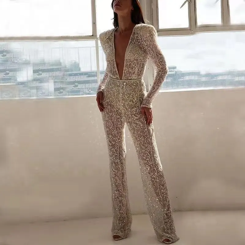 The new 2021 women's sexy long-sleeved, deep-v silver sequin two-piece party dress pant jumpsuit