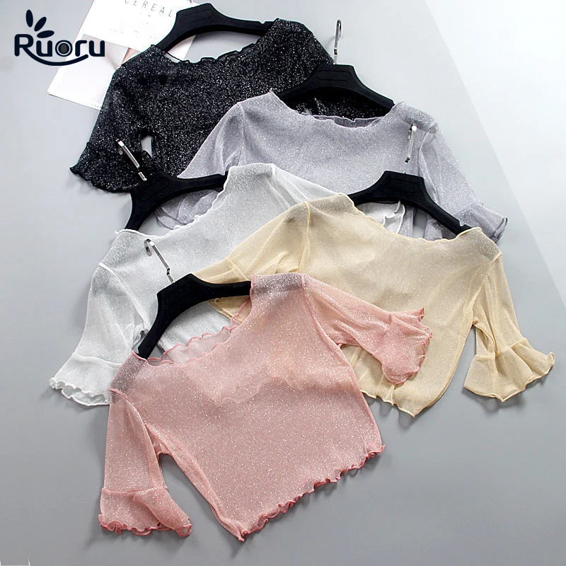 

Ruoru Sexy Mesh Shiny Bling Bling T Shirt Women Summer Transparent Club Party Cute Tee Shirts Sexy Thin Kawaii Crops Tops
