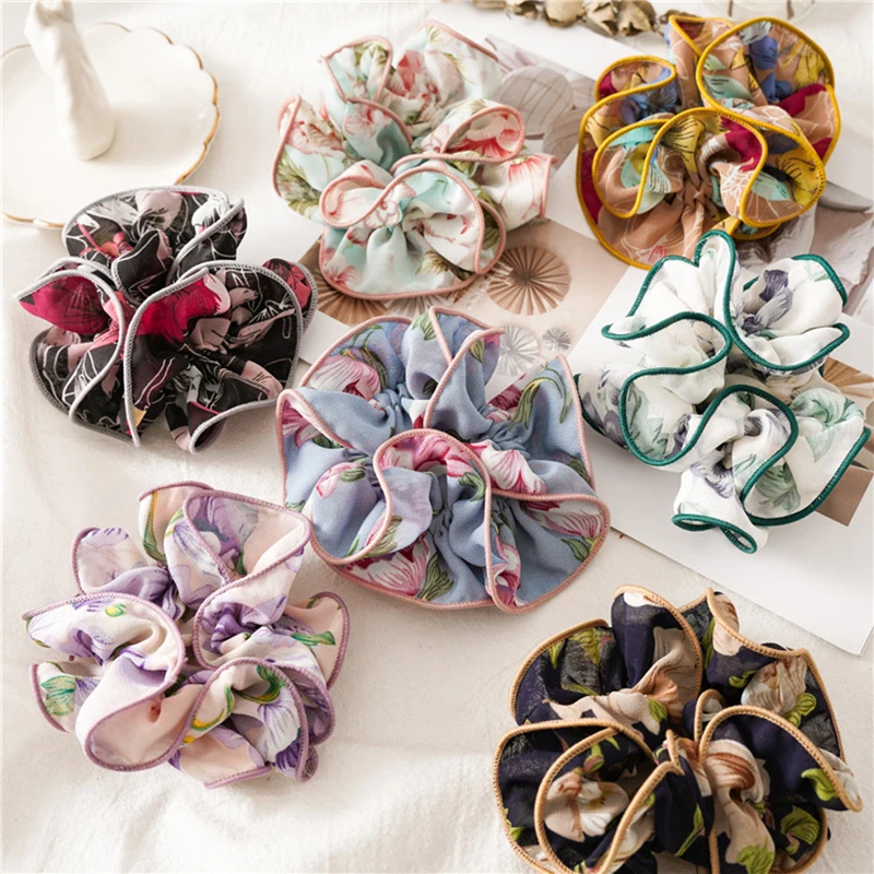 

Fashion Double Layer Chiffon Floral Hair Scrunchies Elastic Hair Bands for Girls Large Ponytail Holder Hair Accessories Ornament